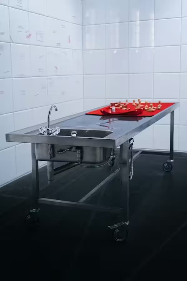 Masă din inox cu chiuvetă într-o bucătărie profesională