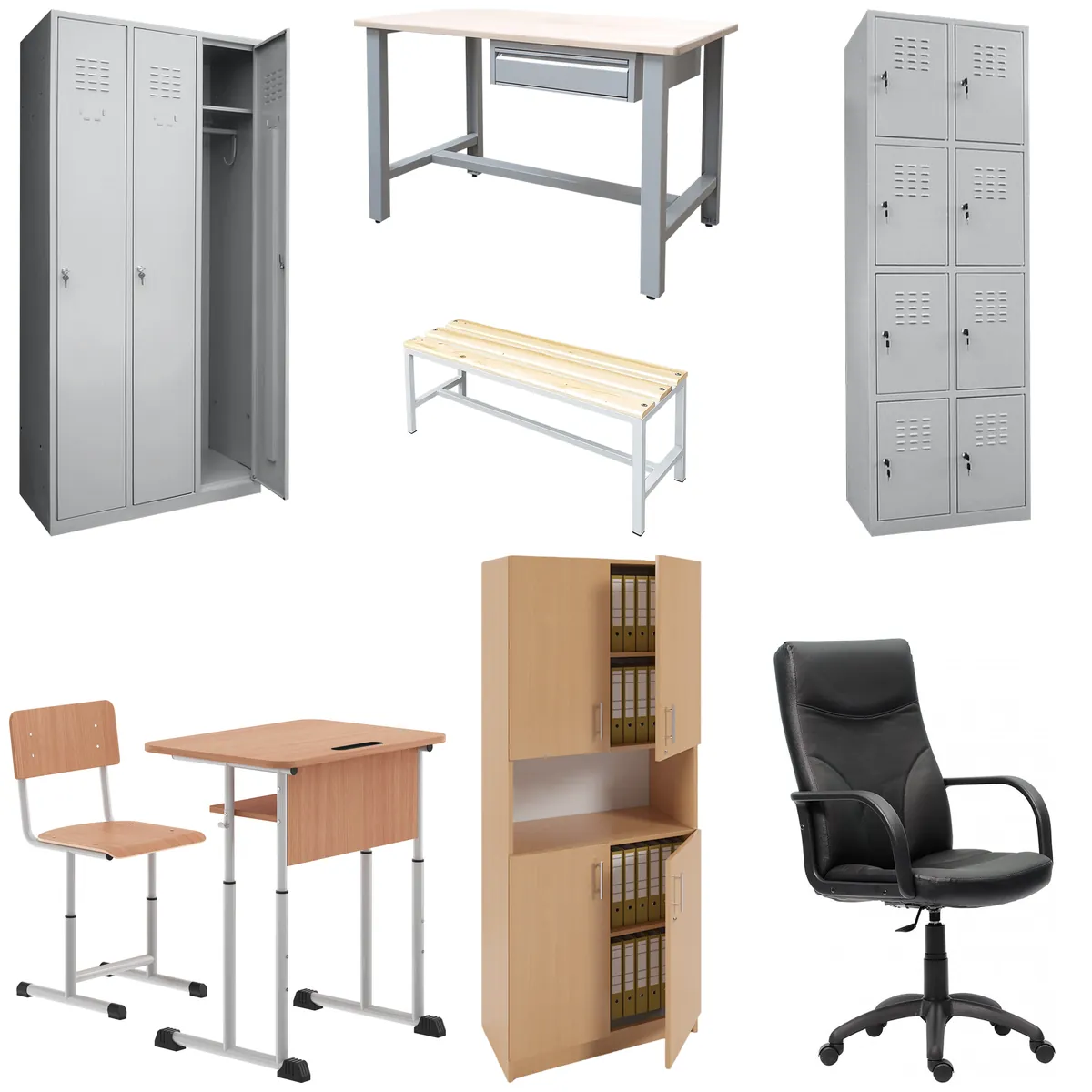 Gama Minolex: vestiar metalic cu 3 uși, banc de lucru, bancă de vestiar, vestiar metalic cu 8 uși mici, set de mobilier școlar, dulap din PAL și scaun de birou