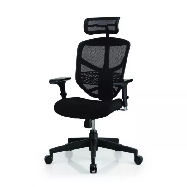 Dimensiuni scaun Enjoy Basic W + Material:  a) Înălțime scaun: 111-131 cm b) Adâncime șezut: 47-52.5 cm c) Înălțime șezut: 39-48 cm f) Lățime șezut: 52 cm g) Diametru bază: 64.5 cm   Despre scaunul de birou ENJOY BASIC W + Material: Fiind o parte a familiei Ergohuman, scaunul Enjoy Basic W + Material împărtășește multe dintre calitățiile “fratelui mai mare”. Oferă un nivel de comfort asemănător, design clar și integrabil și în biroul rezidențial.  Scaunul este tapițat cu mesh, acesta fiind un material care 